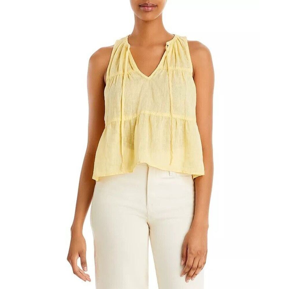 Bella Dahl Linen Tiered Peplum V-Neck Tie Top XS Yellow Excellent Condition
